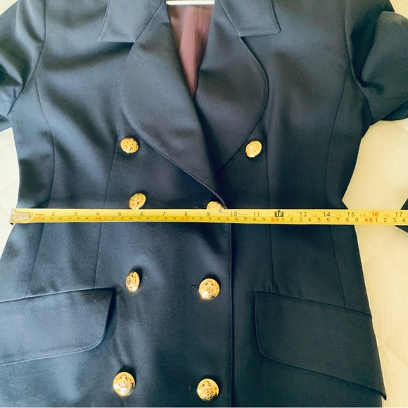 Navy blue pure virgin wool long blazer double breasted collar gold metal buttons - Picture 10 of 15